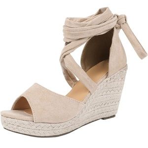 Nude lace up wedges